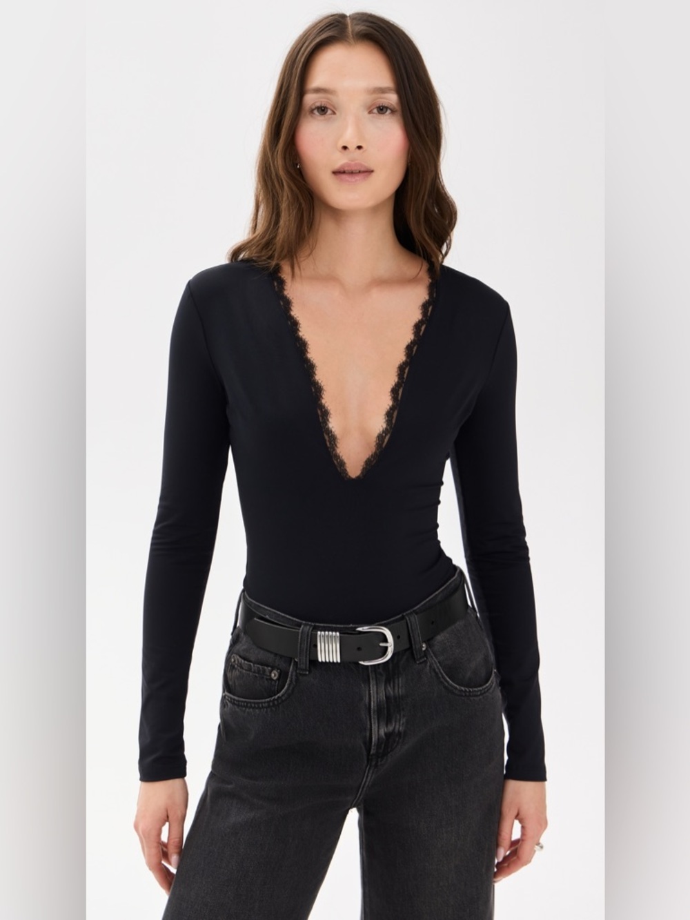 Fleur Du Mal Margo Lace Trim Long Sleeve Bodysuit Black Size Medium